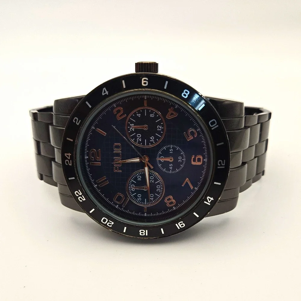 Folio FMDMSG906 Mens 55mm Chrono Blue Dial Watch. Black SS Band, New Batteries.